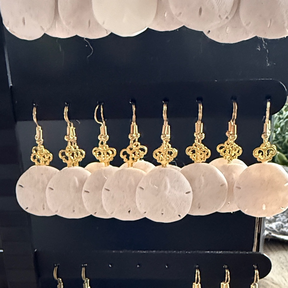 2- pair of small sand dollar earrings with gold tone, keys hypoallergenic